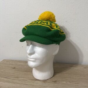Notre Dame Fighting Irish Knit Ivy Newsboy Pom‎ Pom Hat Cap Green Yellow USA 70s
